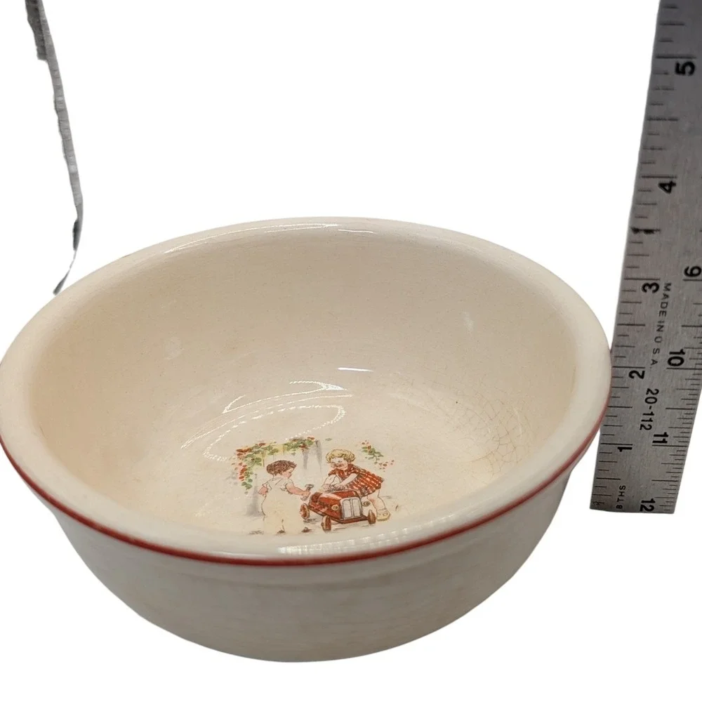 Antique Putting The Motor Car Right Childs Porcelain Bowl Red Trim Cereal Soup